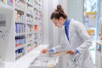 Young pharmacist checking medicine stock in pharmacy. stock photo NULLED