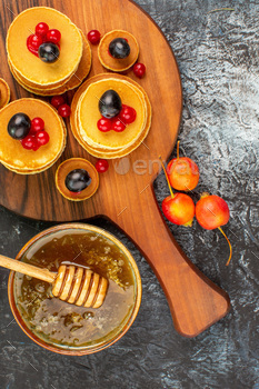 Classic pancakes with sweet honey and fruits stock photo stock photo NULLED