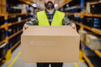 Close-up of warehouse worker stocking goods in a warehouse. stock photo NULLED