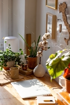 Cozy interior of freelancer workplace at home stock photo NULLED