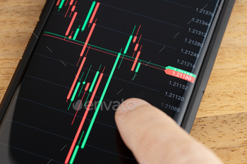 Finger on Stock market Chart on smart phone screen