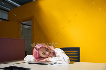 Portrait of pretty female freelancer at work stock photo NULLED