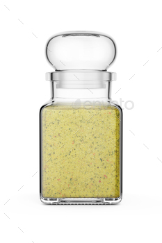Transparent jar with chicken stock powder isolated on white. stock photo NULLED